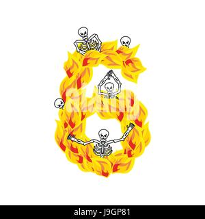 Number 6 hellish flames and sinners font. Fiery lettering six. Infernal fire alphabet. ABC devilish flame of Death Satanic and skeleton Stock Vector