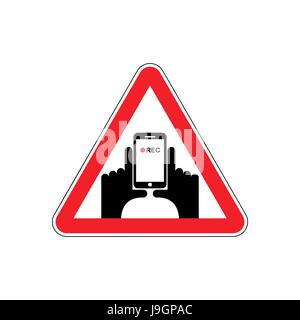 Attention Vertical video. Hand and smartphone to record. Road sign on red triangle. symbol Caution Stock Vector
