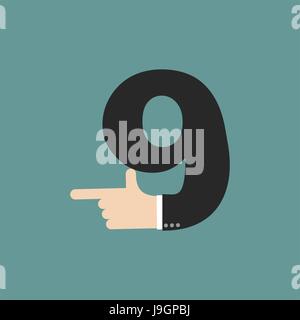 number 9 letter businessman hand font. It shows finger print. Arm symbol nine alphabet. Sign of ABC Stock Vector