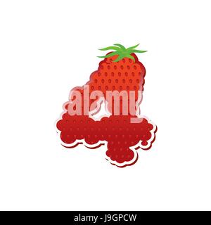 Number 4 Strawberry font. Red Berry lettering four alphabet. Fruits ABC Stock Vector