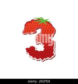 Number 3 Strawberry font. Red Berry lettering three alphabet. Fruits ABC Stock Vector