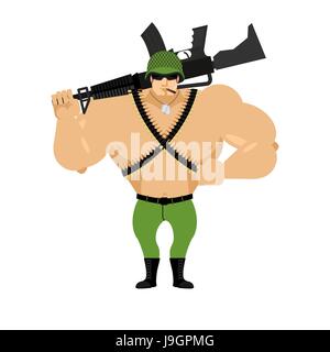 Soldier and rifle on his shoulder. Warrior with gun. Military man in helmet. Machine-gun belt Stock Vector