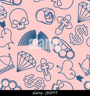 tattoo seamless pattern. Skull and brass knuckles. Rose and heart with an arrow. Wings and cross. Crown and dollar. Diamond Stock Vector