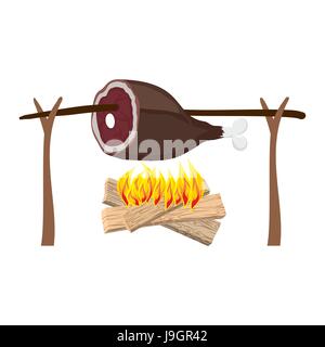 Grilled Ham on spit. Roasting meat. BBQ gammon Stock Vector