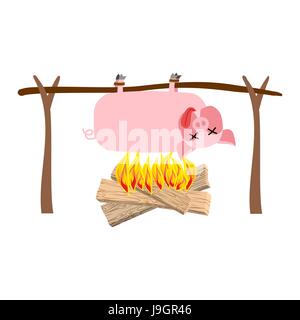 Grilled pig meat on spit. Roasting pork. BBQ piglet Stock Vector