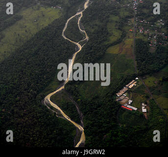 An aerial view of a river winding through small agricultural towns in Costa Rica. Stock Photo