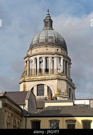 Ornate lead dome roof with ionic columns and cupola on roof of Nottingham Council House building, Nottingham, England, UK Stock Photo