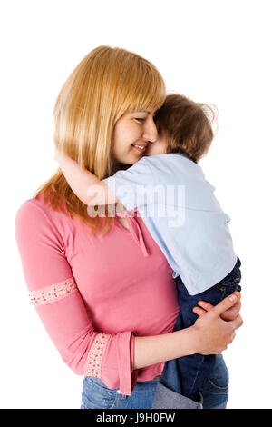 Mother comfort worried son isolated on white Stock Photo