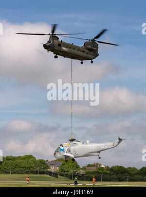 Culdrose, UK. 1st Jun, 2017. Final Flight – but with a hot future. Two retired aircraft made their final flights from RNAS Culdrose today with the helping hand of a Chinook helicopter. The old Royal Navy aircraft were moved across the Lizard Peninsula as ‘under-slung loads’ by a heavy lift RAF helicopter, and taken to their final resting place at Predannack airfield.  Credit: Bob Sharples/Alamy Live News Stock Photo