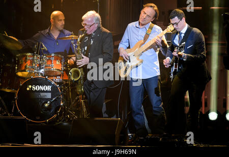 Hamburg, Germany. 01st June, 2017. Award winner of the category life work Klaus Doldinger (2-L) plays with his band Passport on the stage at the award ceremony of the Echo Jazz in Hamburg, Germany, 01 June 2017. Photo: Axel Heimken/dpa/Alamy Live News Stock Photo