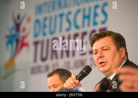 Berlin, Germany. 02nd June, 2017. Berlin's Senator of the Interior and Sports speaks during a press conference marking the beginning of the International German Gymnastics Festival on the fairground in Berlin, Germany, 02 June 2017. Photo: Lino Mirgeler/dpa/Alamy Live News Stock Photo