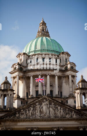 Belfast City Hall, UK. 2nd June 2017. Union flag flies on Belfast City to commemorate Coronation Day. The Queen Celebrates her 64th year as Head of the UK and Commonwealth. Credit: Bonzo/Alamy Live News Stock Photo