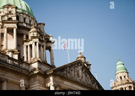 Belfast City Hall, UK. 2nd June 2017. Union flag flies on Belfast City to commemorate Coronation Day. The Queen Celebrates her 64th year as Head of the UK and Commonwealth. Credit: Bonzo/Alamy Live News Stock Photo