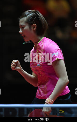 Dusseldorf, Germany. 2nd June, 2017. Ding Ning of China celebrates during the women's singles match against Li Jie of the Netherlands at the 2017 World Table Tennis Championships in Dusseldorf, Germany, June 2, 2017. Credit: Tao Xiyi/Xinhua/Alamy Live News Stock Photo