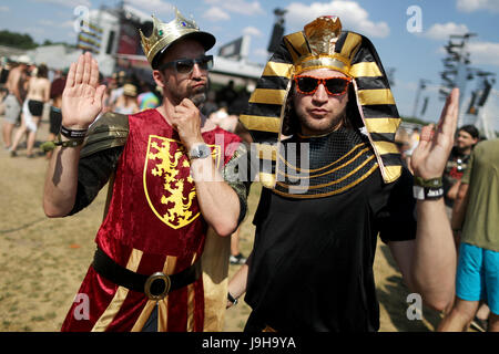 Nuremberg, Germany. 2nd June, 2017. Two festival visitors in costume, photographed at the Rock im Park music festival in Nuremberg, Germany, 2 June 2017. The festival continues until 4 June. Photo: Daniel Karmann/dpa/Alamy Live News Stock Photo