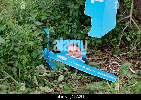 Conservative party Election sign vandalised & destroyed in Yate, North Bristol. Political candidate for the local area is Luke Hall. Stock Photo