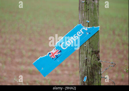 Conservative party Election sign vandalised & destroyed in Yate, North Bristol. Political candidate for the local area is Luke Hall. Stock Photo