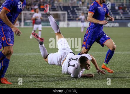 May 27, 2017: Puerto Rico FC forward Giuseppe Gentile (11) falls after losing possession of a ball during a North American Soccer League game between Puerto Rico FC vs Miami FC at the Riccardo Silva Stadium in Miami, Florida. Mario Houben/CSM Stock Photo