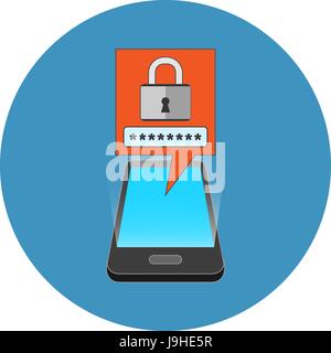 Smartphone security concept. Isometric design. Icon in blue circle on white background. Stock Vector