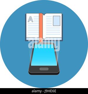 Smartphone e-book reading concept. Isometric design. Icon in blue circle on white background. Stock Vector