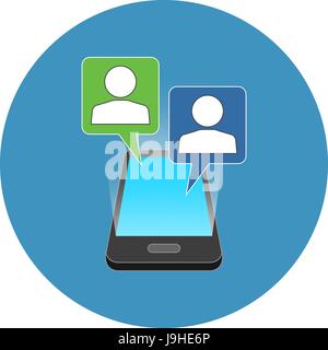 Smartphone chatting concept. Isometric design. Icon in blue circle on white background. Stock Vector