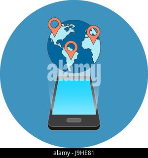 Smartphone travel destinations, points locations concept. Isometric design. Icon in blue circle on white background. Stock Vector