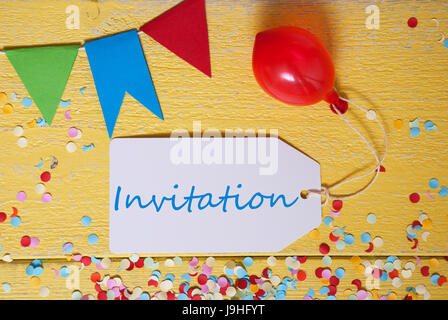 Party Label, Confetti, Balloon, Text Invitation Stock Photo