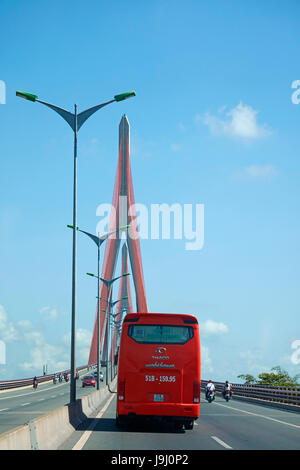 Bus on Can Tho suspension bridge over Bassac River, Can Tho, Mekong Delta, Vietnam Stock Photo