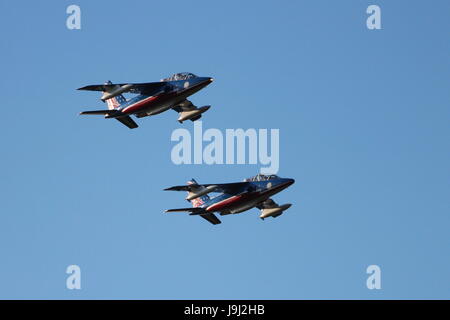 Dassault-Breguet/Dornier Alpha Jet Es of the French Air Force's aerobatic team, the Patrouille de France, arriving at Prestwick Airport in Ayrshire. Stock Photo