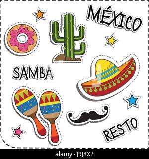 Mexican party sticker applique. Mexico style. Vector illustration set Stock Vector