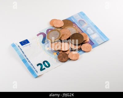 Euro pocket money with 20 Euro bill and some cents Stock Photo