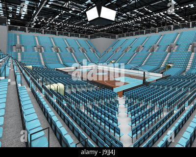 Beautiful sports arena for basketball with sky blue seats and VIP boxes
