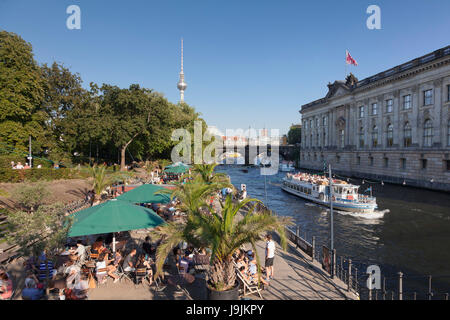 beach bar 'Mitte', Bode Museum, museum island, the Spree, television tower, the Mitte district of Berlin, Berlin, Germany Stock Photo