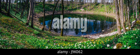 Lake in Kaali meteorite crater by springtime. Saaremaa island, Estonia Stock Photo