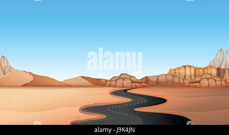 Empty road through desert land illustration Stock Vector
