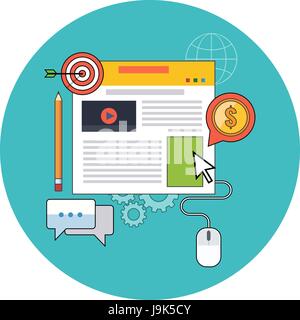 Blog management, blogging concept. Flat design. Icon in turquoise circle on white background Stock Vector