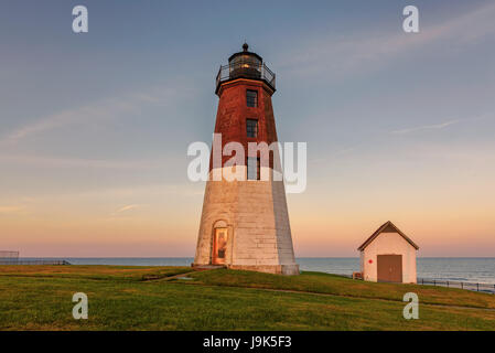 Famous Point Judith lighthouse in Rhode Island at sunset. Stock Photo