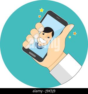 Power of selfie concept. Flat design. Icon in turquoise circle on white background Stock Vector