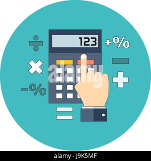 Calculation, mathematics, accountant concept. Flat design. Icon in turquoise circle on white background Stock Vector