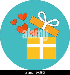 Open gift box with flying hearts. Flat design. Icon in turquoise circle on white background Stock Vector