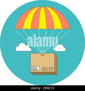 Package flying on parachute, delivery service concept. Flat design. Icon in turquoise circle on white background Stock Vector