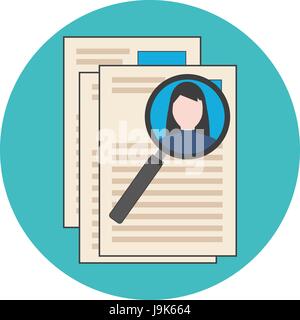 Searching professional staff, analyzing resume, recruitment concept. Flat design. Icon in turquoise circle on white background Stock Vector