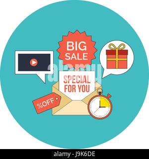 E-mail marketing concept. Flat design. Icon in turquoise circle on white background Stock Vector