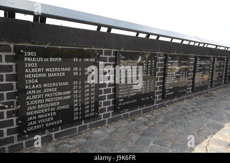 Memorial located in Urk, Netherlands, a tribute to all the men who perished at sea. The plaques on the wall lists the men in the year they were lost. Stock Photo