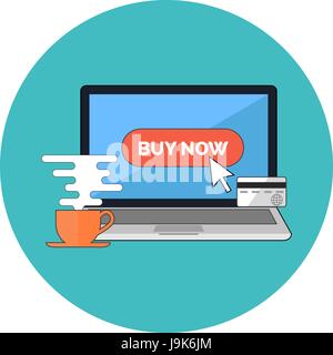 Online shopping, e-commerce concept. Flat design. Icon in turquoise circle on white background Stock Vector