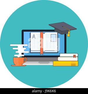 Distance education, online learning concept. Flat design. Icon in turquoise circle on white background Stock Vector