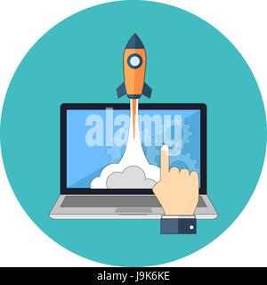 Startup, launching new product concept. Flat design. Icon in turquoise circle on white background Stock Vector