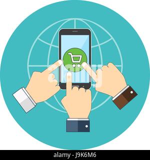 Mobile shopping, marketing concept. Flat design. Icon in turquoise circle on white background Stock Vector