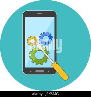 Smartphone repair concept. Flat design. Icon in turquoise circle on white background Stock Vector