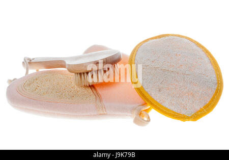 Circular loofah body scrub and brush isolated on white Stock Photo